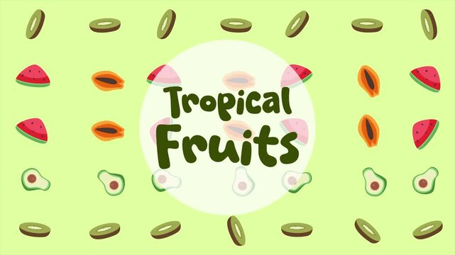 Colorful tropical fruits collection background design. Tropical Fruit concept. Full length Icon animation illustration. High quality&nbsp;4k&nbsp;footage