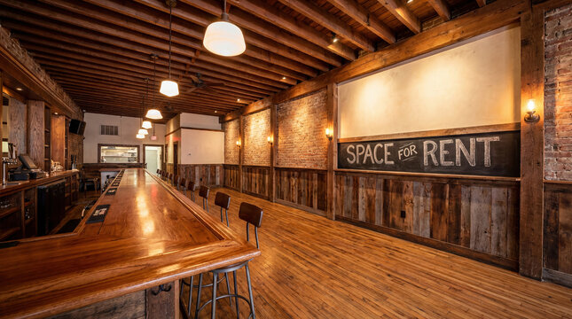 Spacious empty bar interior with wooden floor, exposed brick wall, rustic decor, long counter, and chalkboard sign reading space for rent