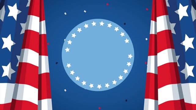 American flag waving motion animation with circular frame and stars background for independence day celebration.