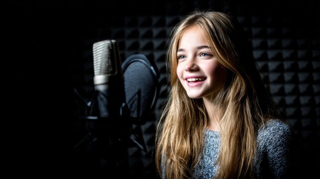 Young beautiful woman singing in microphone, recording voice in a studio with black walls and a lamp on the background.