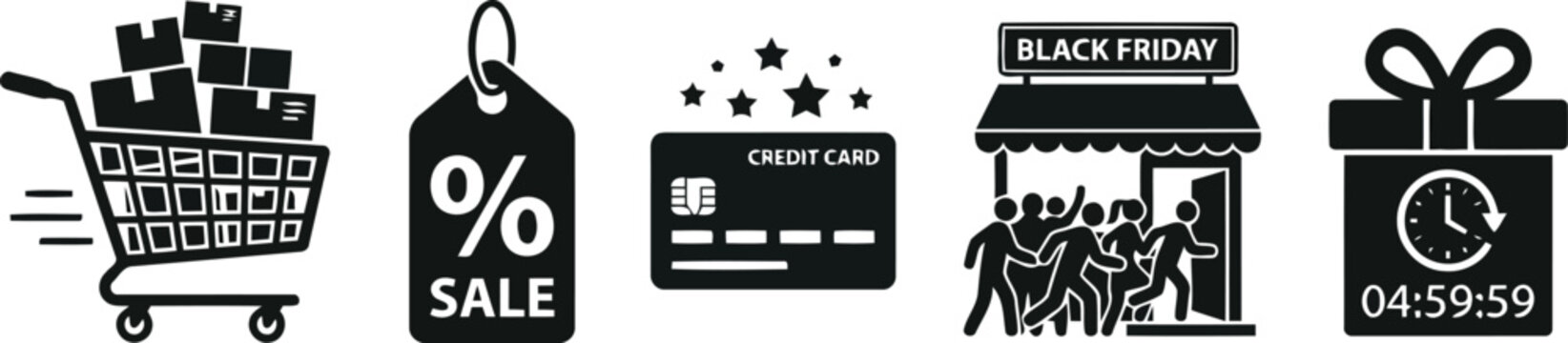 flat vector icon set of Black Friday shopping symbols, including a shopping cart overflowing with boxes, a discount tag with a percent sign, a credit card with stars, a crowd silhouette at a store doo