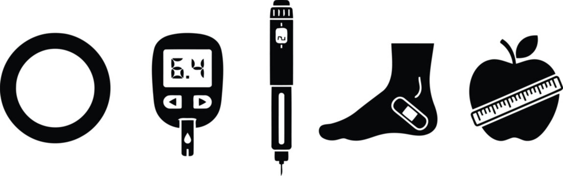 flat vector icon set of World Diabetes Day symbols, including a blue circle, a blood glucose meter, a syringe or insulin pen, a foot with a bandage, and an apple with a measuring tape, simple black