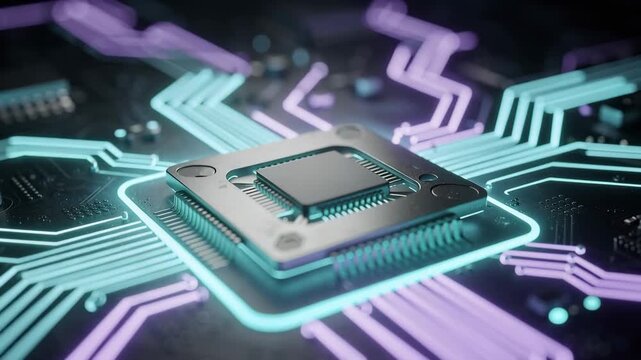 Glowing microchip with neon circuits powering up on a dark moth background futuristic technology