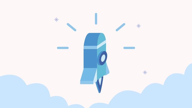 Minimalist isometric rocket launch animation showing business startup success concept with blue spacecraft soaring through fluffy clouds.