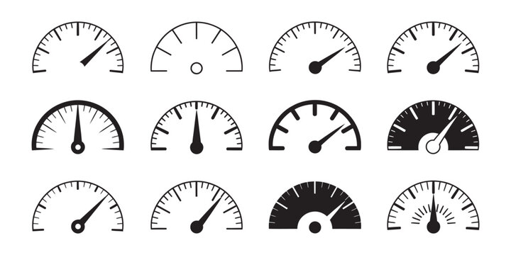 Speedometer Icons Vector Illustration Featuring Abstract Scale Designs for Racing Performance Dashboard Technology and Speed Measurement Concepts