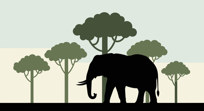 Silhouette of an elephant walking in a savanna landscape with trees