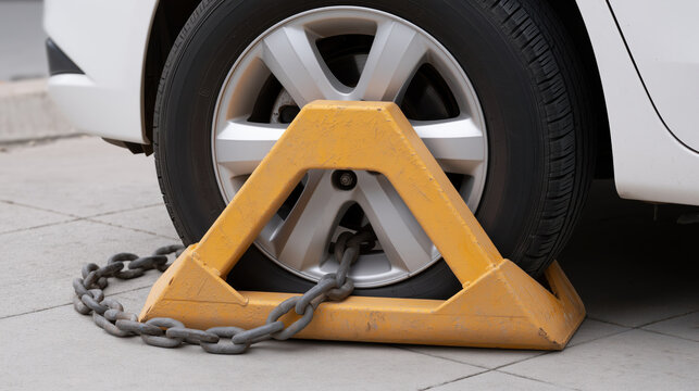 Eye level capture showing car tire securely locked with yellow clamp and heavy chain conveying frustrating restriction on paved street parking