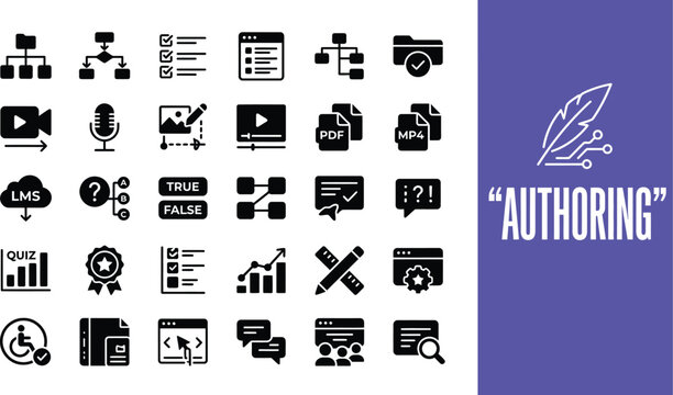 Icons illustrating digital authoring and content management systems.