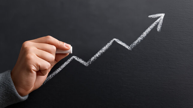 Businessman hand holding chalk drawing upward stock graph on blackboard showing confident growth and positive financial success