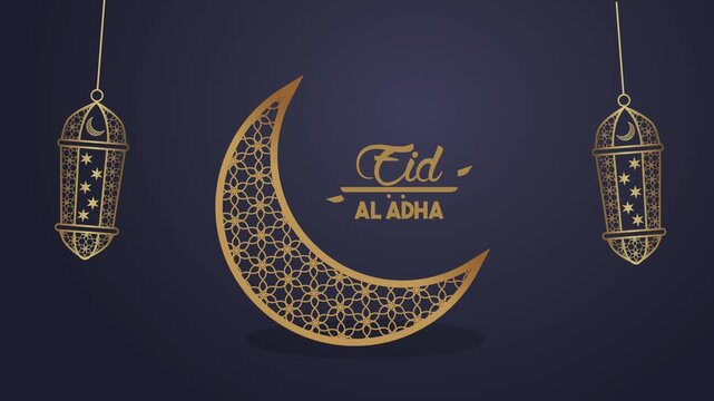 Eid al adha celebration animation with golden crescent moon and hanging traditional lanterns on dark purple background.