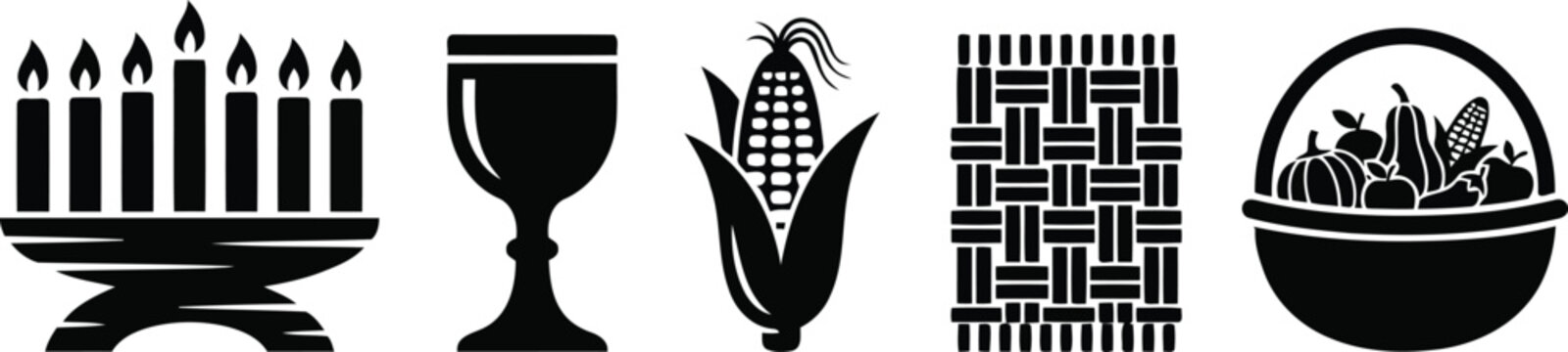flat vector icon set of Kwanzaa symbols, including a kinara (candle holder) with seven candles, a unity cup, an ear of corn (muhindi), a woven mat (mkeka), 