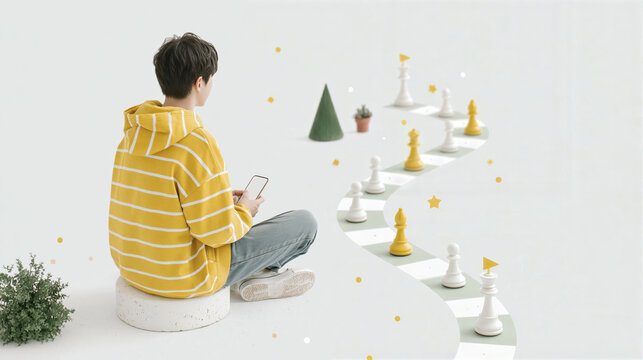 Calm focused young man in yellow hoodie sitting holding mobile phone facing gamification winding path filled with strategy game piece