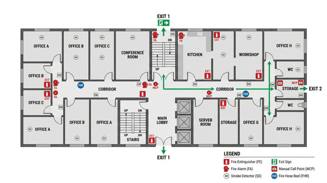 Building Floor Plan with Emergency Exit Routes and Fire Safety Symbols.