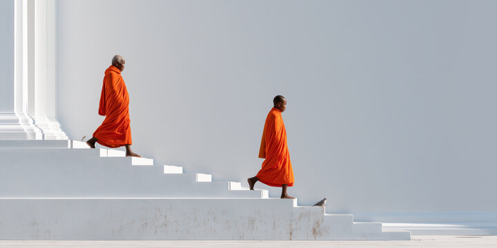 Peaceful monk wearing orange robe walking down white stair of beautiful architecture in thailand feeling calm and serene during day