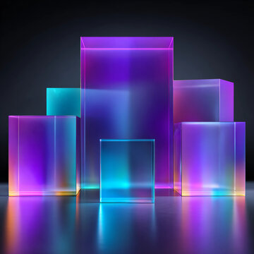Staggered glass blocks with vibrant holographic neon refraction