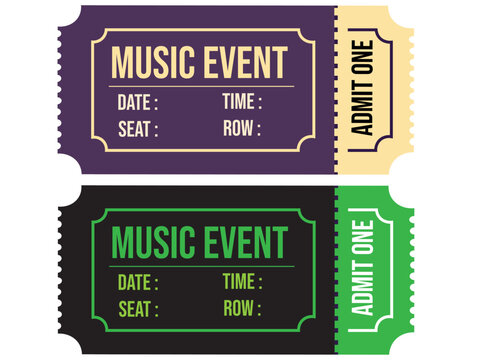Vintage music event ticket vector set, retro concert admission stubs with admit one text, purple and green festival entry passes for live shows