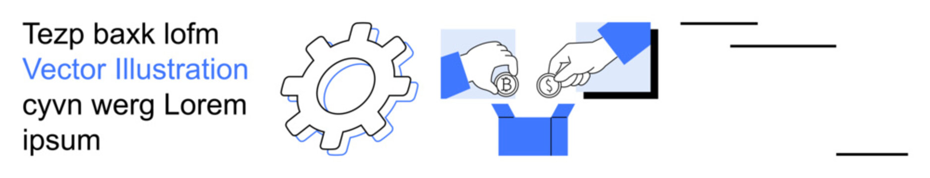 Business, finance, donation, manufacturing, engineering, economic exchange. Gear and hand dropping coins into a box. Business and finance concepts in an abstract, minimal design