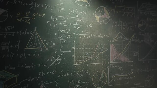 chalkboard math equations diagrams on dark board
