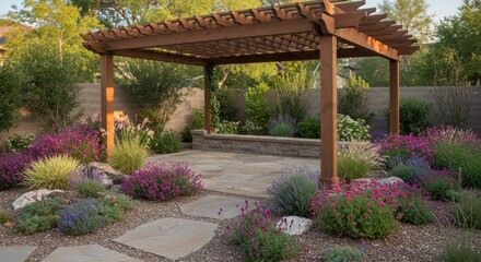 Fototapeta premium Beautiful Backyard Pergola with Blooming Flowers and Stone Patio