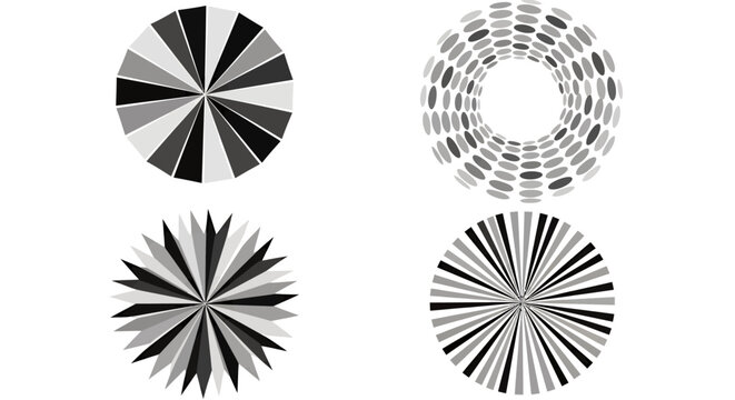 Abstract fourfold radial circle patterns in black and white for graphic design inspiration.