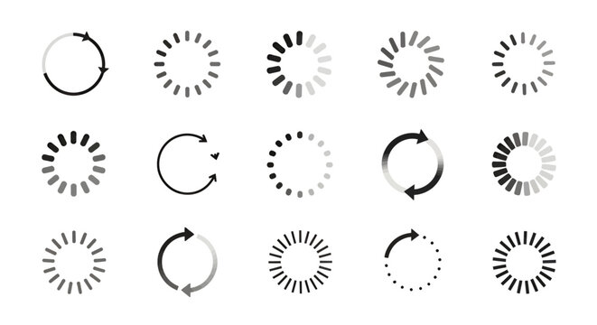 Set of circular loading spinners with various progress styles and dot arrangements for UI design.