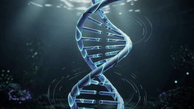 Creative digital art of shimmering DNA strands intertwining with mystical abstract elements in vibrant colors