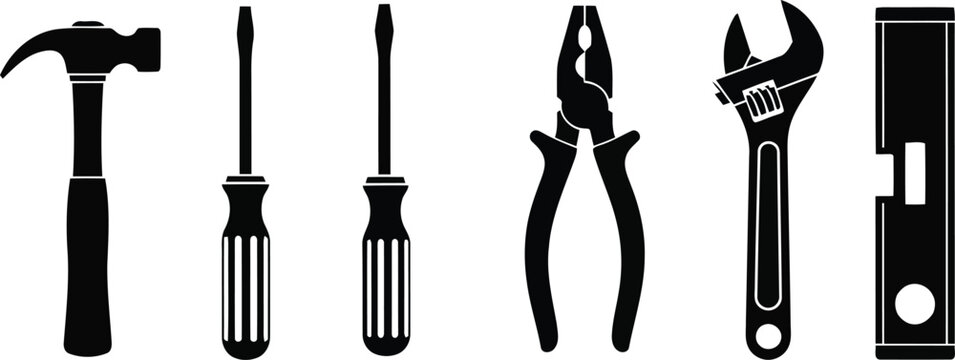 flat vector icon set of hand tool symbols, including a hammer, a screwdriver (flathead and Phillips), a wrench, a plier, and a level tool, simple black silhouette