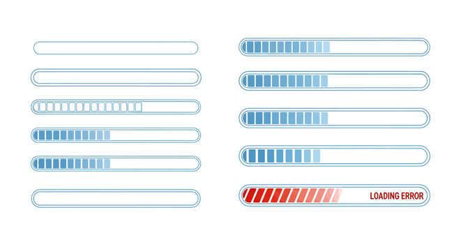 Abstract composition of blue and red loading bars with striped progress indicators.