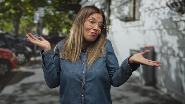 Woman shrugging with palms up and glasses on a street wearing denim shirt, head tilted and pursed lips; uncertainty contemplation.