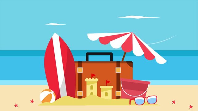 Sandcastle and umbrella at sunny beach. Summer Vocation concept. Full length Icon animation illustration. High quality&nbsp;4k&nbsp;footage