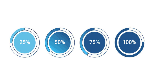 Four circular progress indicators showing 25, 50, 75, and 100 percent levels as blue gradient rings for UI design elements.