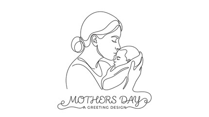 Fototapeta premium Minimalist one line drawing of a mother holding her baby with mothers day greeting design on white background