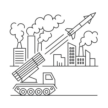 MLRS missile launcher attacking city vector. Urban warfare and industrial pollution icon.Editable stroke, Vector illustration, Line art Icon, Symbols.