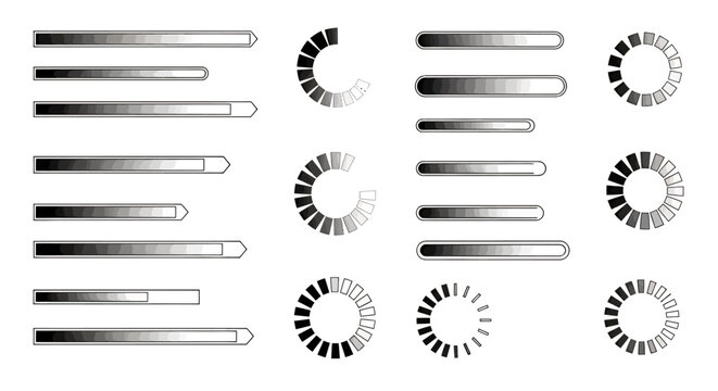 Glossy metallic progress spinners and circular loading indicators for UI design and graphics.