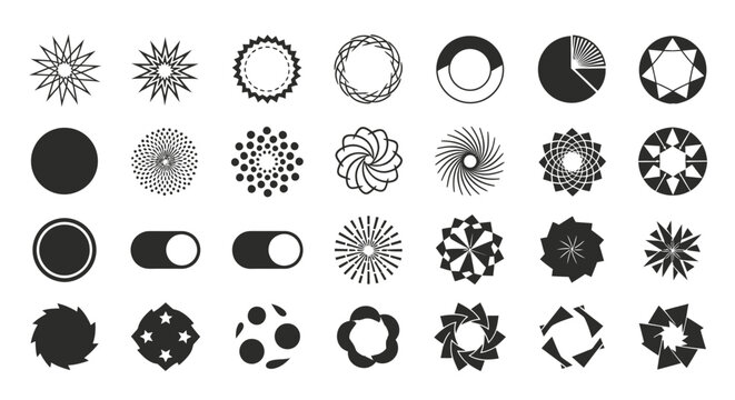 Collection of black and white circular geometric icons and patterns.
