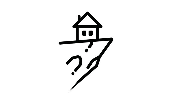 House on cliff edge with question marks, uncertainty, risk, decision, danger, dilemma