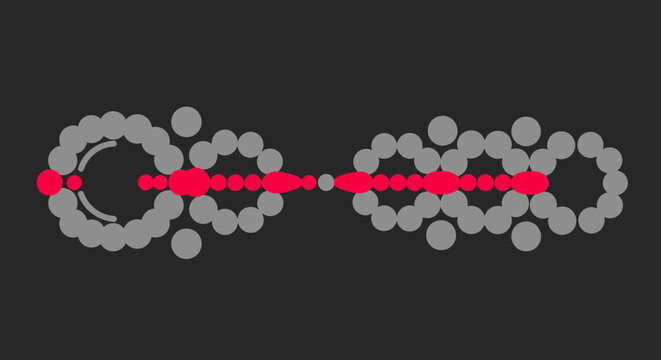 Illustration of a polymer molecule chain with gray monomers and red terminal points on a dark background.