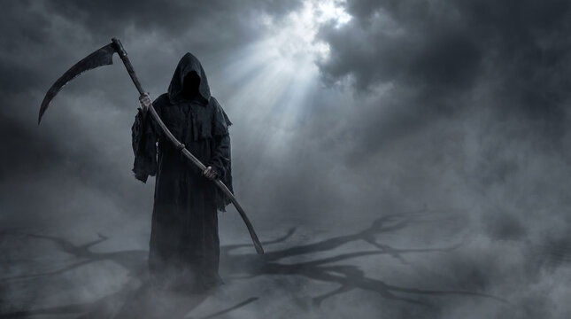 Grim reaper holding scythe in thick dark fog