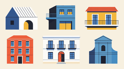 Naklejka premium A clean, modern graphic depicting a red building facade with blue windows, ideal for architectural concepts and minimalist web design.