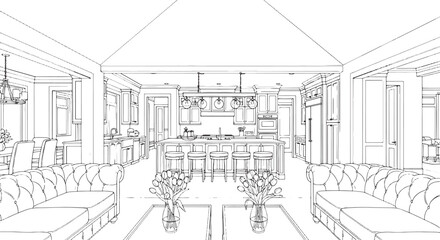 Fototapeta premium Interior design sketch of an open plan living room and kitchen with sofas and island in a hand drawn line art style