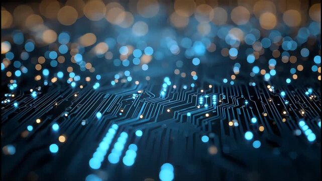 A detailed, abstract image showcases a glowing circuit board pattern with numerous illuminated nodes, suggesting advanced technology and interconnected systems.