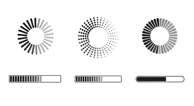 Abstract geometric progress indicators with circular dotted motifs and loading bars.