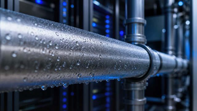 Macro of water condensation droplets on cold metallic liquid cooling pipe in high performance AI data center room