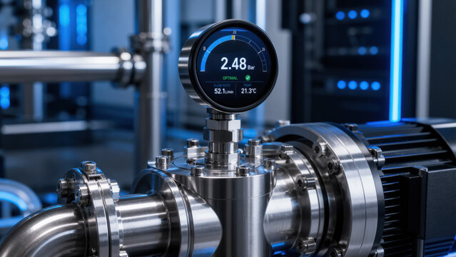 High tech liquid pump with digital pressure gauge and metallic textures in modern industrial server cooling system