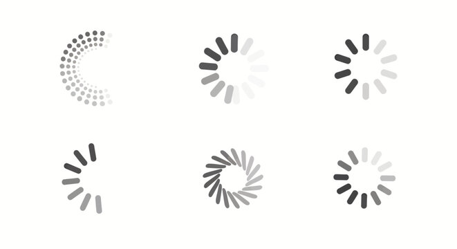 Set of circular loading spinner icons in grayscale variations.