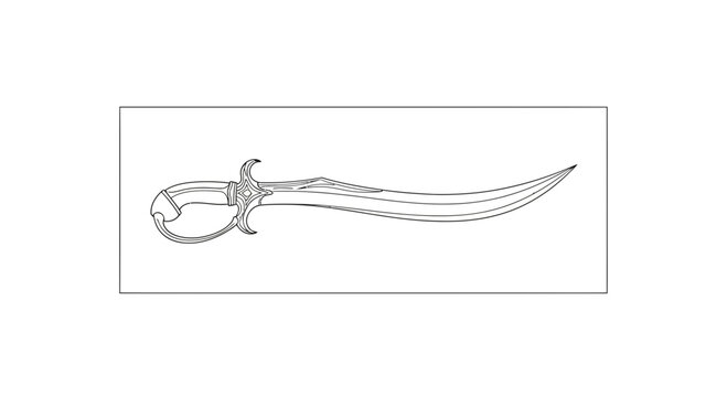 Antique curved sword, scimitar, saber, oriental weapon, black and white illustration