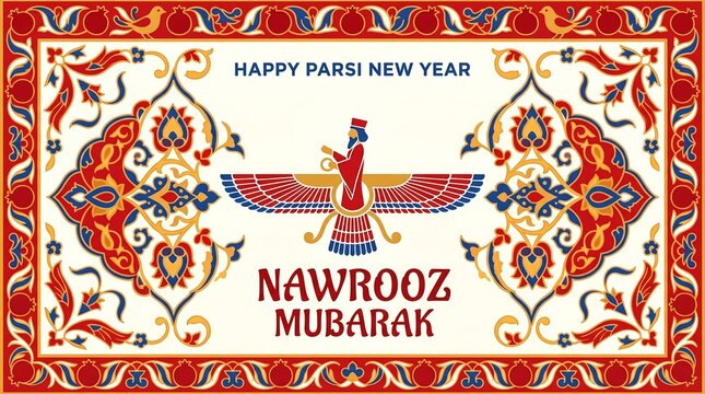 Happy Parsi New Year Nawrooz Mubarak with Faravahar Symbol.