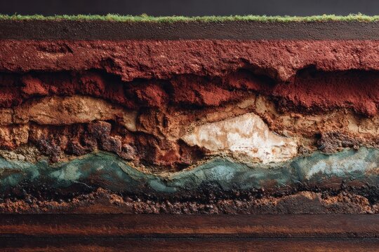 Cross-section view of soil layers with vibrant colors and textures