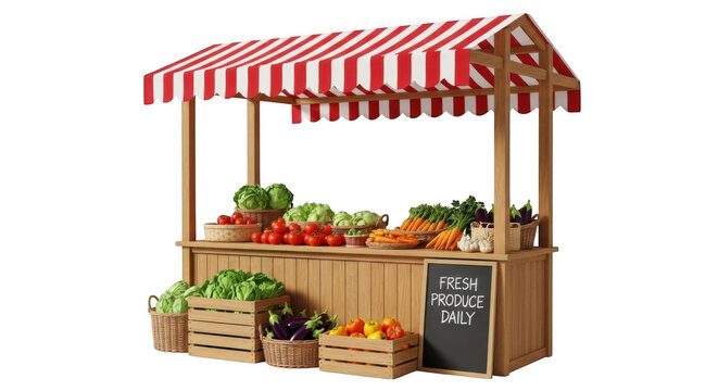 Vegetable stand with red and white awning