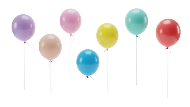 Group of colorful party balloons floating against white with balloons